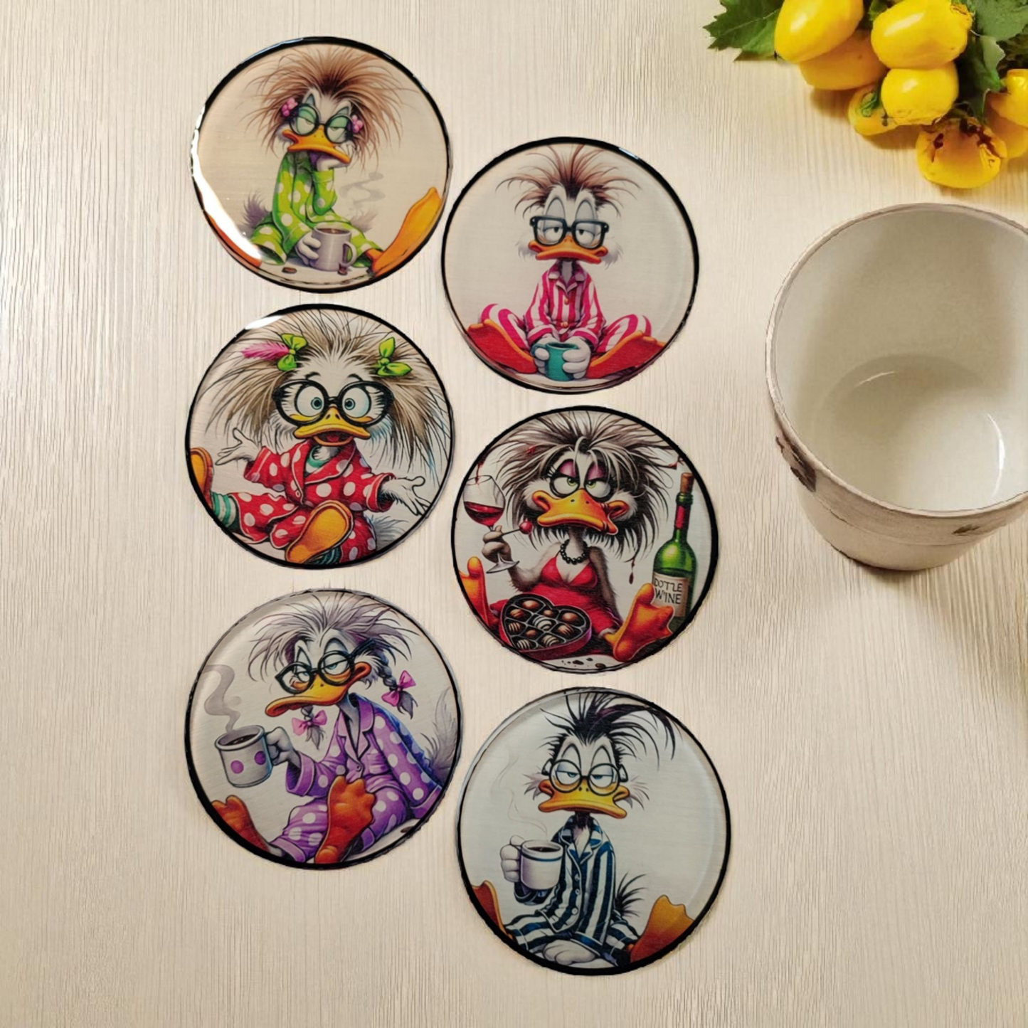 6er Set Miss Duck Tassenuntersetzer aus Epoxidharz