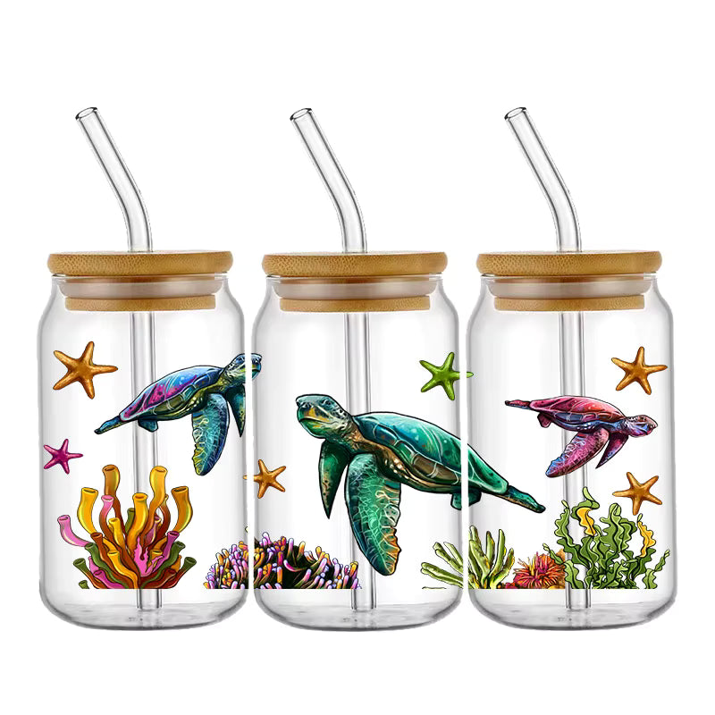 Tier Panda Schildkröte 16oz UV DTF Glas Sticker Wasserfest