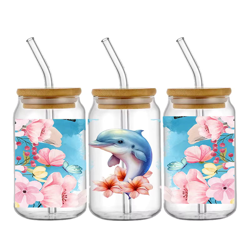 Tier Panda Schildkröte 16oz UV DTF Glas Sticker Wasserfest