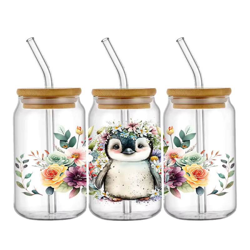 Tier Panda Schildkröte 16oz UV DTF Glas Sticker Wasserfest