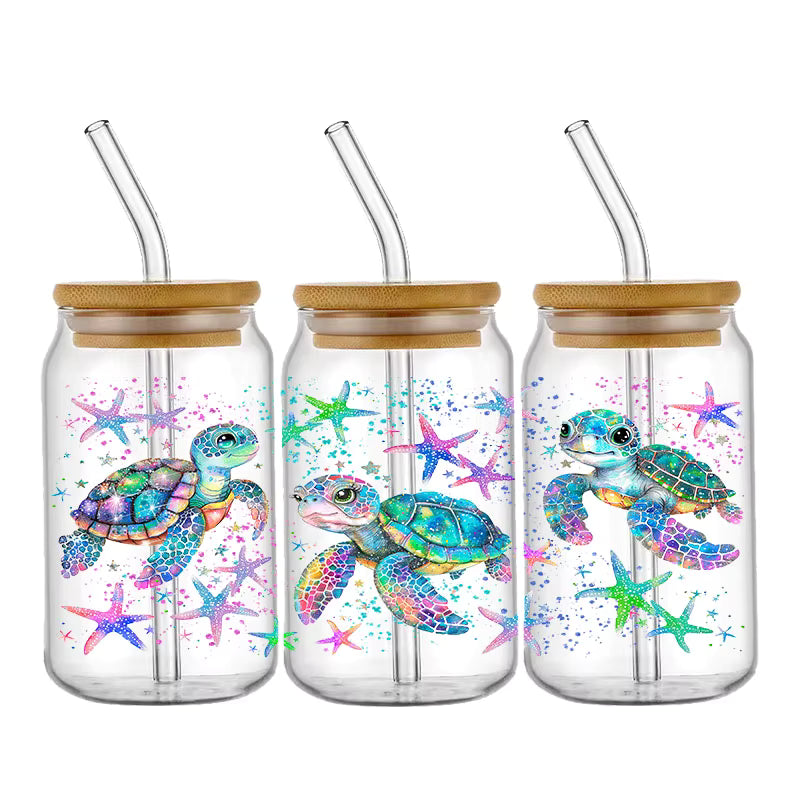 Tier Panda Schildkröte 16oz UV DTF Glas Sticker Wasserfest