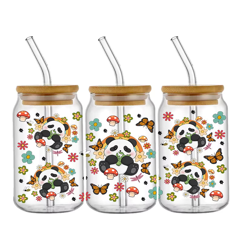 Tier Panda Schildkröte 16oz UV DTF Glas Sticker Wasserfest