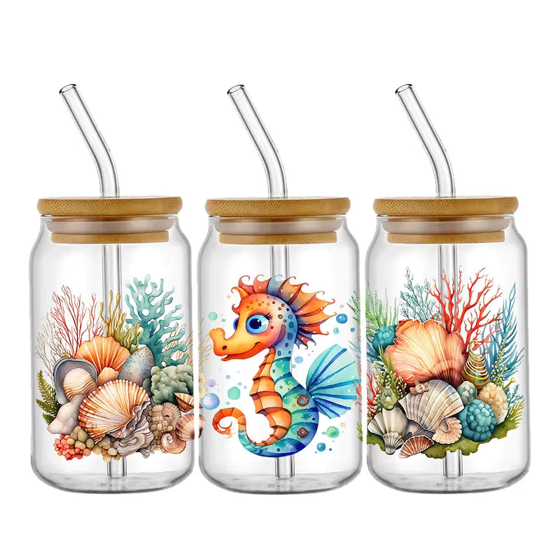 Tier Panda Schildkröte 16oz UV DTF Glas Sticker Wasserfest