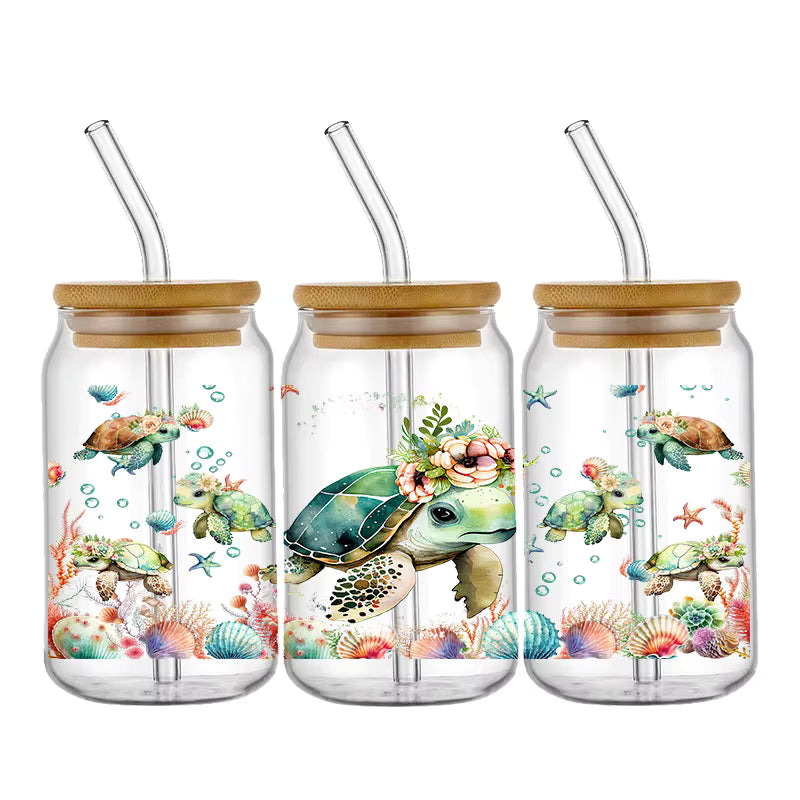 Tier Panda Schildkröte 16oz UV DTF Glas Sticker Wasserfest