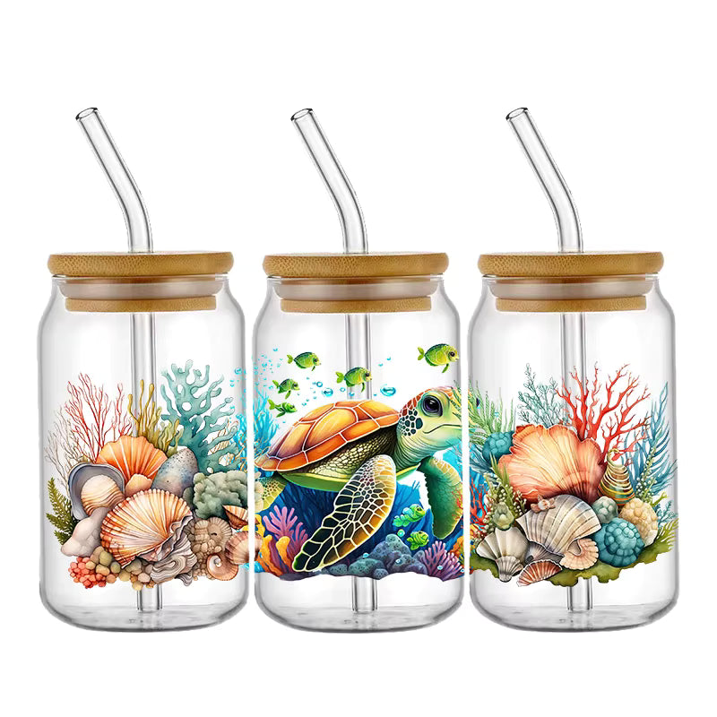 Tier Panda Schildkröte 16oz UV DTF Glas Sticker Wasserfest