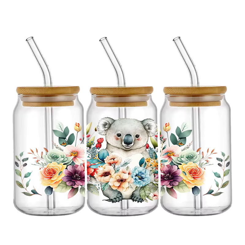 Tier Panda Schildkröte 16oz UV DTF Glas Sticker Wasserfest