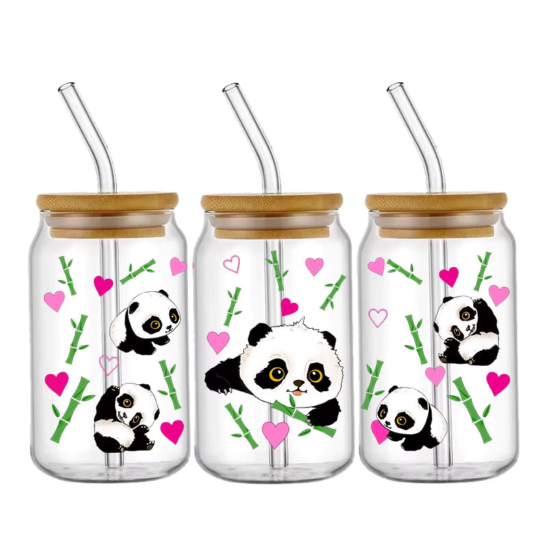 Tier Panda Schildkröte 16oz UV DTF Glas Sticker Wasserfest