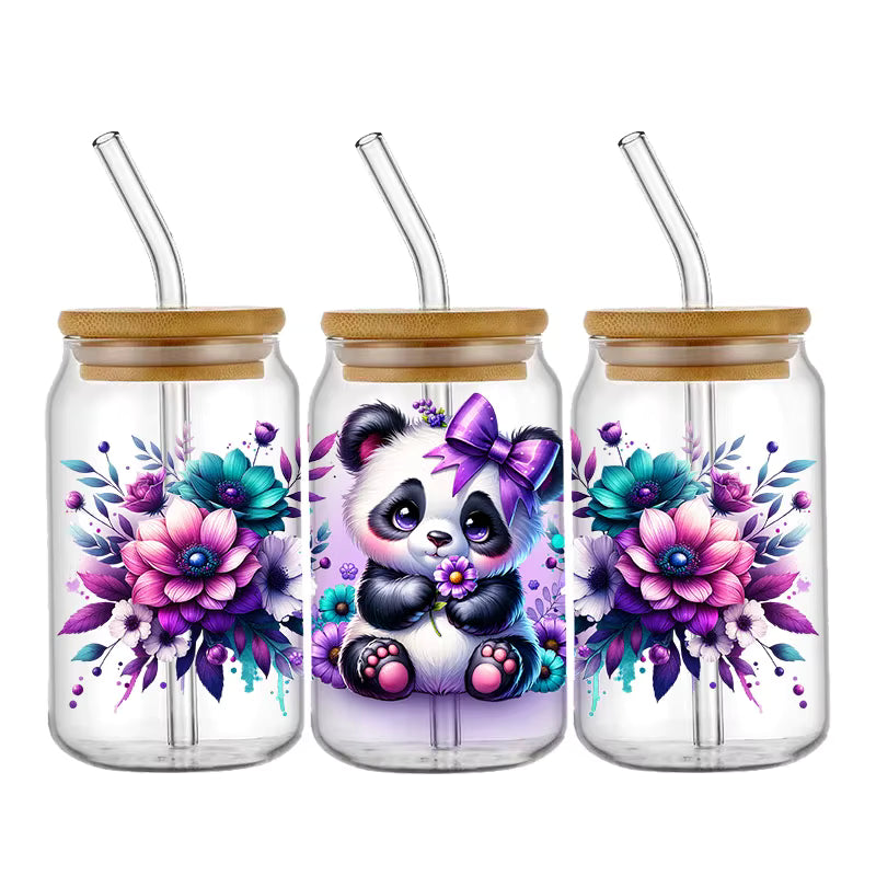 Tier Panda Schildkröte 16oz UV DTF Glas Sticker Wasserfest
