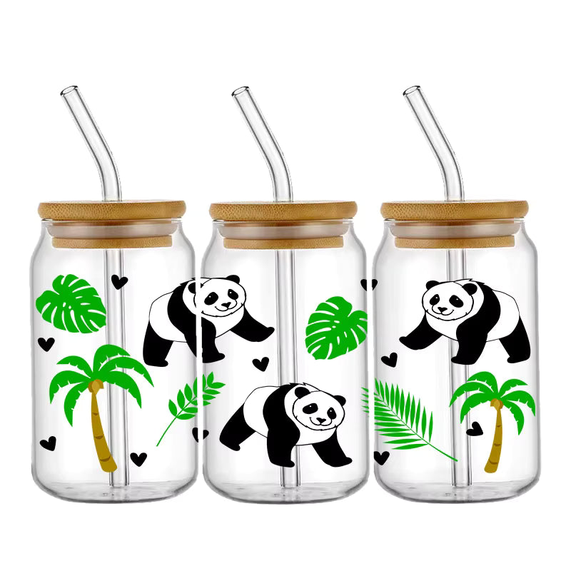 Tier Panda Schildkröte 16oz UV DTF Glas Sticker Wasserfest