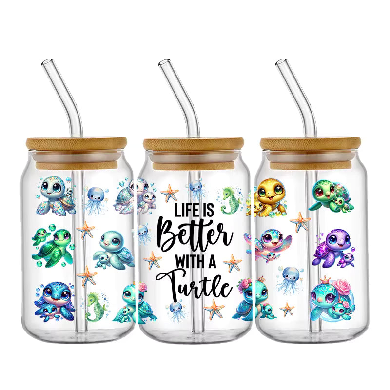 Tier Panda Schildkröte 16oz UV DTF Glas Sticker Wasserfest