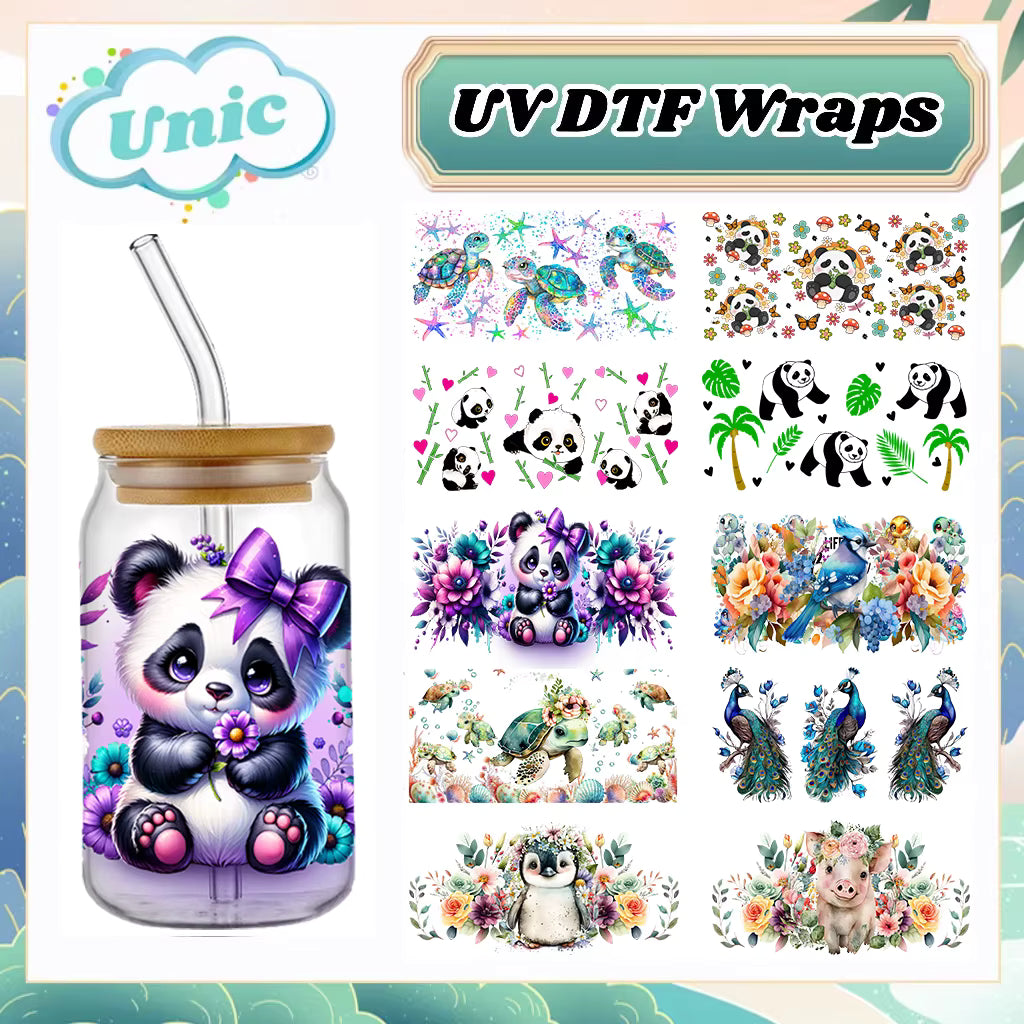 Tier Panda Schildkröte 16oz UV DTF Glas Sticker Wasserfest