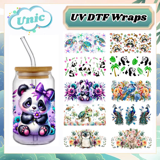Tier Panda Schildkröte 16oz UV DTF Glas Sticker Wasserfest